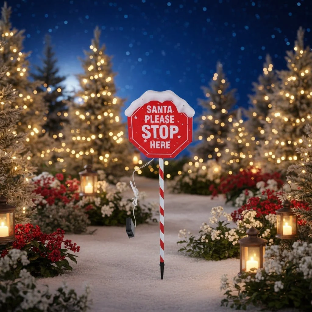 LED Luz de estaca operada por bateria do Papai Noel Pare aqui (105cm)