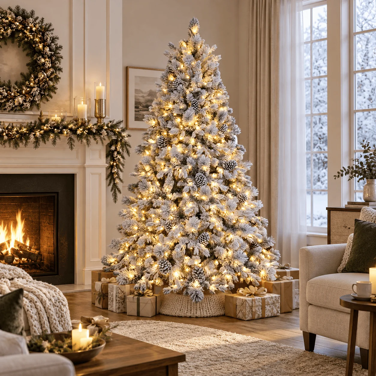 Árvore de Natal pré-iluminada de pinheiro nevado (2.1m)