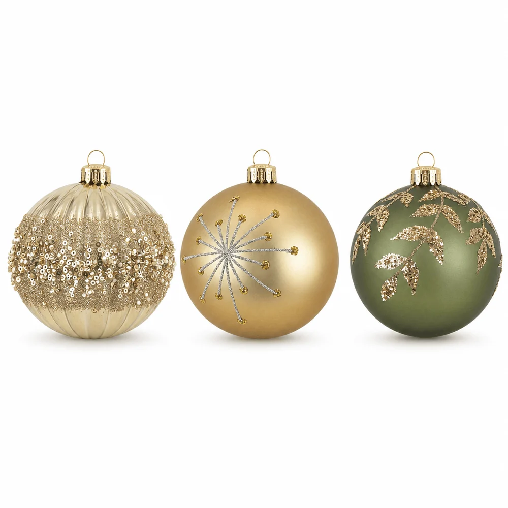 Bola de Natal de Sálvia ou Champanhe com Detalhe de Glitter (10cm)