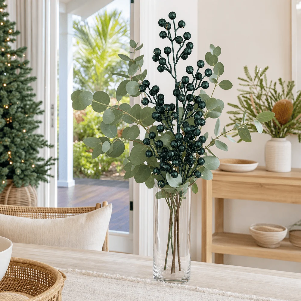 Ramo de frutas decorativas verde-floresta com glitter (78cm)