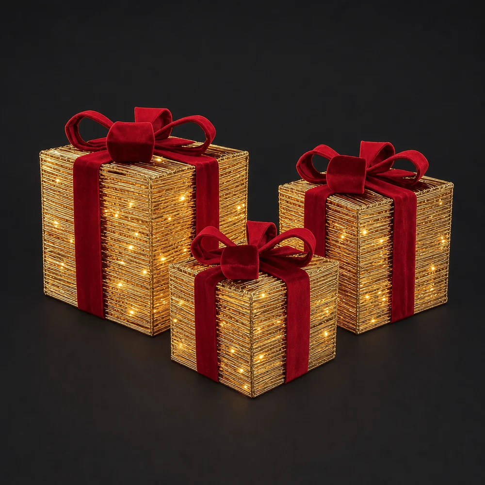 Kit com 3 presentes metálicos de fio LED dourado e vermelho
