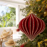 Bola de Natal flocada lanterna vinho (12cm)