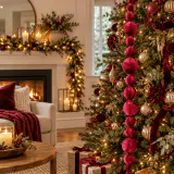 Guirlanda de bolas de Natal de veludo vinho (1.8m)