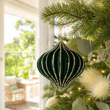 Bola de Natal Flocada Lanterna Verde (12cm)