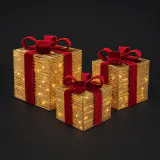 Kit com 3 presentes metálicos de fio LED dourado e vermelho