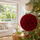 Bola de Natal vinho aveludada com desenho de diamante (15cm)