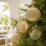 Bola de Natal de Sálvia ou Champanhe com Detalhe de Glitter (10cm)