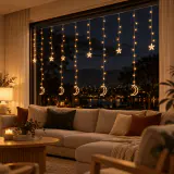 LED Cortina Estrela-Lua Branca Quente