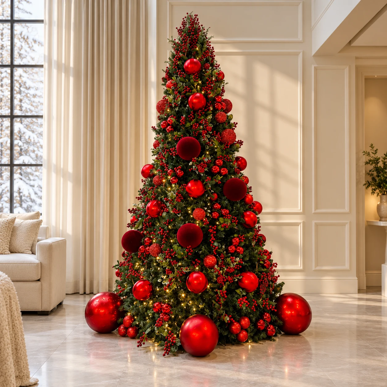 Árvore de Natal decorada em vermelho clássico